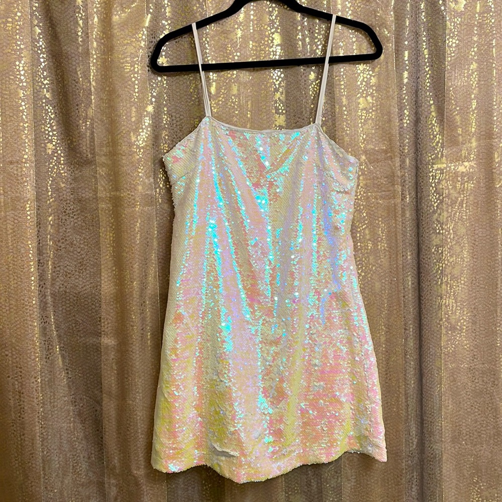 In Loom unicorn iridescent white sequin slip dress, size M